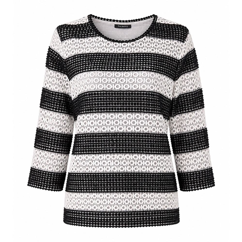 Talbots Black White Lace Overlay Top Cotton Lined 3/4 Sleeve Eyelet Blouse XLP